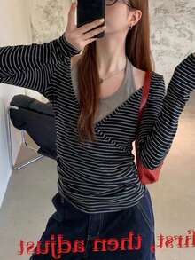 Women's Autumn Layering Base Top, Premium 2 In 1 T-Shirt, Black Long Sleeve Unique Elegant Blouse - Grey - View 2