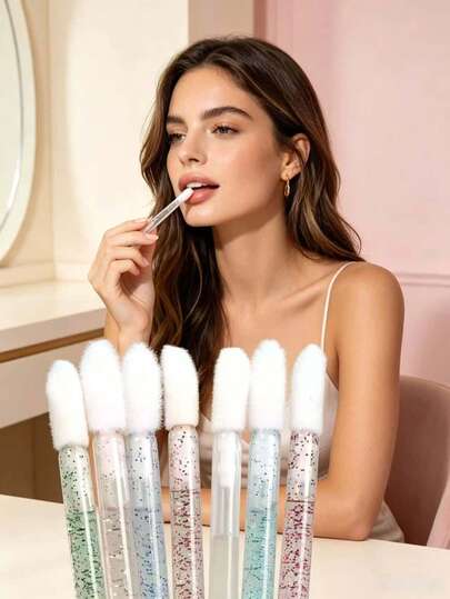 50pcs Crystal Stem Solid Lip Brush Cotton Swab Sticks, Lip Gloss Blending Brush Makeup Tool, Convenient Lipstick Brush