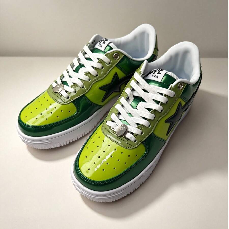 A BATHING APE Bape 休閒滑板鞋 拼色星星Logo 亮面休閒鞋 螢光深綠色 男女款鞋