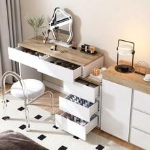 5-Drawer Desk, Dressing Table, Storage Function, For Bedroom, E1 Particle Board, White+Oak - 白色 - 查看 4