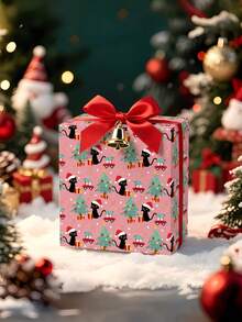 1 Roll Of Christmas Gift Wrapping Paper Featuring A Black Cat Or Christmas Tree Theme On A Pink Background; Made Of Coated Paper; Dimensions: 43 Cm X 300 Cm; Suitable For Wrapping Christmas Gifts, Christmas Party Decorations, And Holiday Gifting. - A - View 6