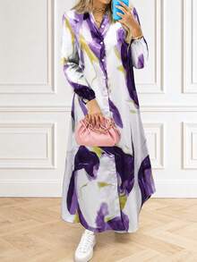 Vacation Style Long Sleeve Loose Hem Dress Elegant - Lilac Purple - View 6