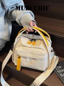 Cream White Contrast Mini Square Hand Bag, Double Top Handles Dual Zipper Tabs Front Snap Pocket Detachable Daily Shopping - Beige - View 6