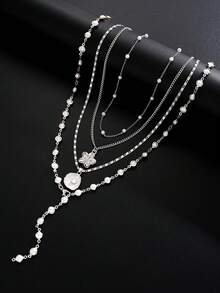 4pcs/Set Minimalist Casual Style Pearl Flower Shell Silver Necklace, Suitable For Women Spring/Summer Daily Commute, Date, Beach Vacation, Party Wear, Gift - Silver - View 5