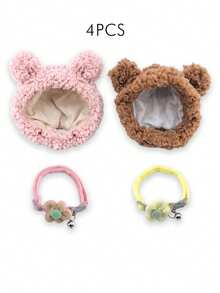 4pcs/Set Plush Bear Ear Pet Hat 2pcs + Flower Bell Collar 2pcs, Cute Photo Props Accessory Set For Cats And Dogs - Multicolor - View 12