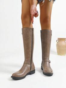 Fashion PU Leather Slimming Tall Boots For Women, Autumn/Winter New Side Zipper Mid-Calf Riding Boots - Khaki - View 1