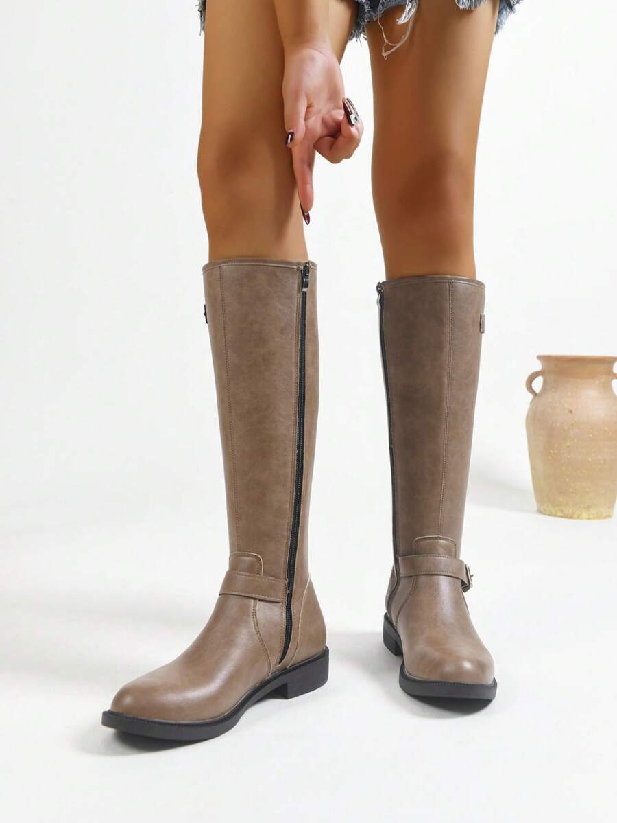 Fashion PU Leather Slimming Tall Boots For Women, Autumn/Winter New Side Zipper Mid-Calf Riding Boots - Khaki - View 1