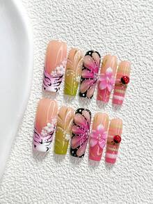 10Pcs Retro Handmade Press On Nail,Polygel Nail Set,Butterfly Flowers Pattern,Black And Pink Nail Polish,Springtime Countryside Style,Includes Nail Tools,3 Sizes Available,Almond Nails,Duck Nails,Coffin Nails For Party,Dance,Daily Wear. - 彩色 - 查看 16