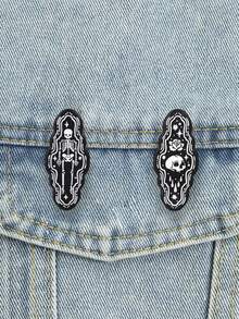 2 Buah Pin Enamel Tengkorak Gothic Gelap, Mawar Tengkorak Hitam Putih dan Lencana Kerangka Lengkap, Aksesori Fashion, Hadiah Unik untuk Pecinta Punk - Hitam dan Putih - View 5