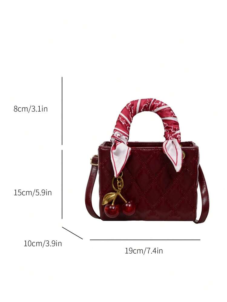 Fashionable New Women's Handbag Solid Color Minimalist PU Small Square Bag Elegant Sophisticated High-End Versatile Delicate Bag With Silk Scarf And Cherry Pendant Valentine's Day Gift Bag - Red - View 11