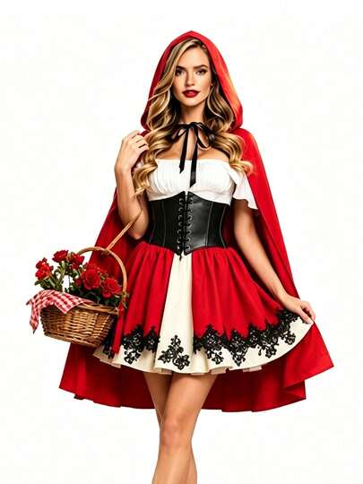 3 Pcs Halloween Costume Little Red Riding Hood Outfit Set, Lace Dress, Hooded Cloak, Belt, For Halloween Party, Fairy Tale Cosplay, Themed Carnival