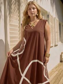CAJUNI Black Floral Print A-Line Maxi Dress, Casual Vacation Wear, Plus Size, Spring/Summer Elegant - Multicolor - View 4