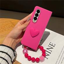 Cute Korean Style Rose Red Phone Case With Rabbit Shaped Beaded Ring Bracelet, Compatible With Samsung Galaxy Z Fold 8 Ultra, Shockproof Anti-Fall Anti-Scratch Protective Cover - Hot Pink - View 3