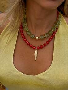 2/1pc Fashion Elegant Sophisticated Casual Minimalist Bohemian Style Green & Red Small Fish Beaded Necklace Set For Women, Suitable For Vacation, Party, Date, Travel, Shopping, Beach, Daily Wear, New Versatile Combination - Multicolor - View 1
