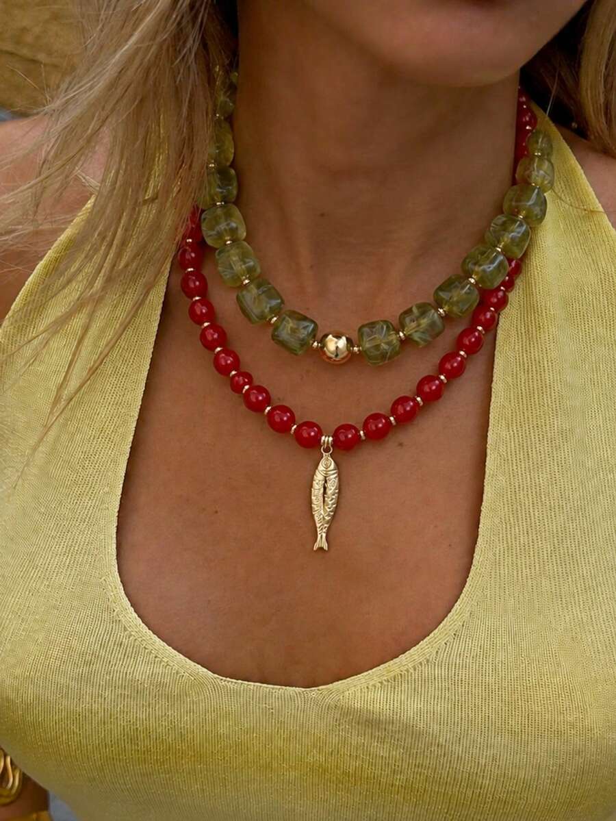 2/1pc Fashion Elegant Sophisticated Casual Minimalist Bohemian Style Green & Red Small Fish Beaded Necklace Set For Women, Suitable For Vacation, Party, Date, Travel, Shopping, Beach, Daily Wear, New Versatile Combination - Multicolor - View 1