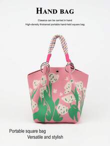 1 buah Tas Tote Rajut Motif Bunga Kartun Kapasitas Besar Ringan, Cocok untuk Perjalanan, Sekolah, Bepergian, Portabel, Cocok Dipadukan dengan Pakaian, Sepanjang Musim - MultiWarna - View 12