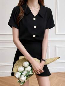 Fashionable Long Sleeve Design Satin Shirt, Solid Color Polyester, Front Button Closure Black Summer - Black - View 6