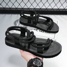 Elastic Woven Rope Toe Strap Roman Men's Sandals, Thin Sole, Anti-Slip, Street, Commute, Versatile, Outdoor, Beach Shoes - Black - View 5