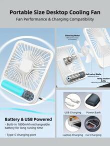 1PC 5-Speed 180° Foldable Desk Fan, Desktop & Hanging Dual Use, Quiet USB Rechargeable, Multi-Angle Airflow For Home, Office & Outdoor - 彩色 - 查看 5