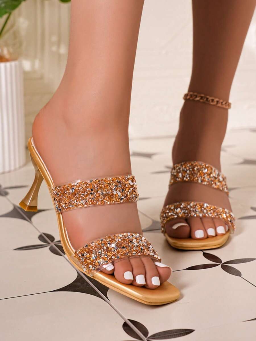Women's High Heel Sandals, Colorful Rhinestone Stiletto Heel Slide Sandals, Party Date Outdoor Wear Women's Shoes
