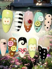 10pcs Handmade Medium-Long Almond Shape Press-On Nails, Cute Cartoon Style With Apple, Piano And 3D Decor Elements, Y2K Cute Fake Nail Set, Reusable, Suitable For Daily Wear And Party - Follow Your Heart - View 1