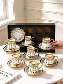 Set Of 6 Ceramic Coffee Cups And Saucers (90 Ml Each), Suitable For Use In The Microwave And Dishwasher; Includes Espresso Cups And Arabic Coffee Cups. Ideal For Afternoon Tea, Cafes, The Kitchen And Home Decor; The Perfect Gift. - Multicolor - View 2