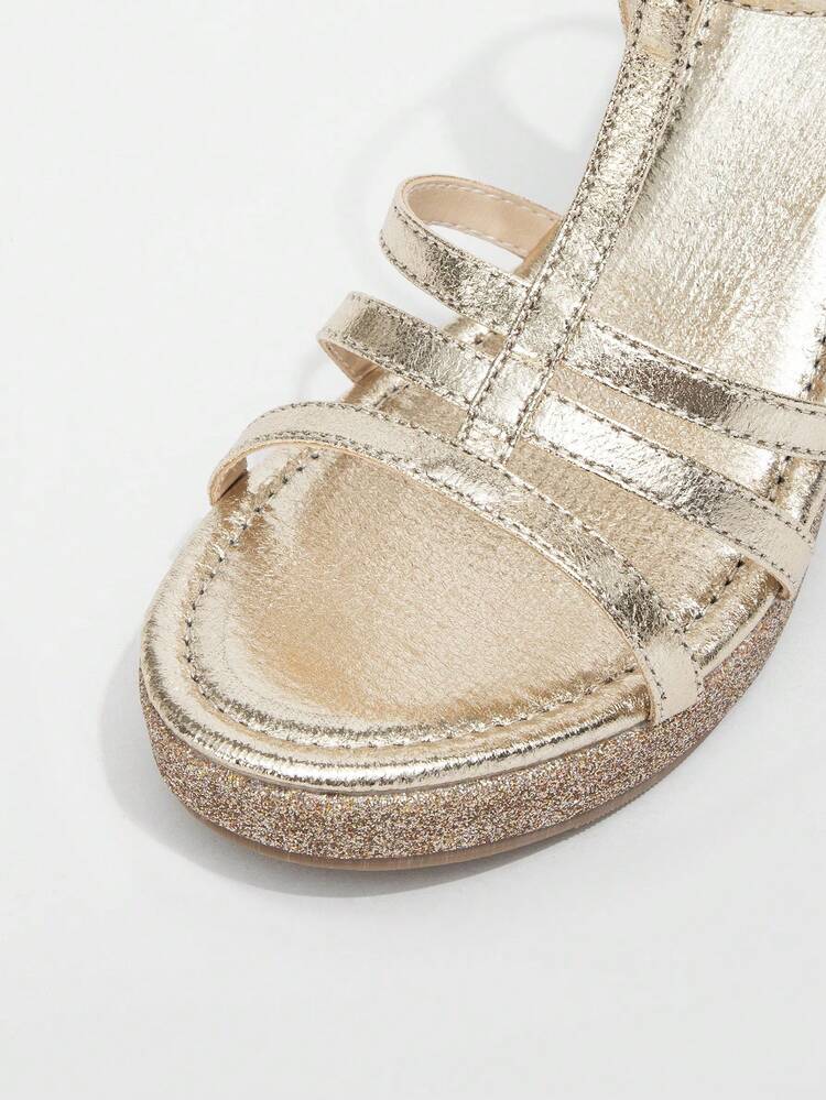 Women's Elegant Sandals, Gold Multi-Strap Metal Buckle Wedge Heel, Open Toe Adjustable Buckle Back Strap Glitter Thick Sole Design, Suitable For Wedding, Party, Commute Office, Summer Daily Wear - Champagne - View 8