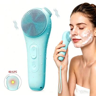 Escova Elétrica de Limpeza Facial em Silicone com Terapia de Calor, Esfoliante Facial Vibratório para Limpeza Profunda dos Poros, Massajador Facial Portátil à Prova de Água com Correia, Dispositivo de Beleza