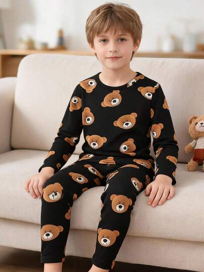 Young Boy 2pcs/Set Pajama Set Long Sleeve Top And Pants, Home Wear, Spring Summer Autumn Winter, Base Layer, Versatile, Unisex For Boys And Girls, 4-12 Years Old