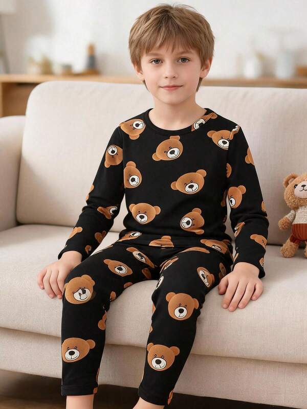 Young Boy 2pcs/Set Pajama Set Long Sleeve Top And Pants, Home Wear, Spring Summer Autumn Winter, Base Layer, Versatile, Unisex For Boys And Girls, 4-12 Years Old