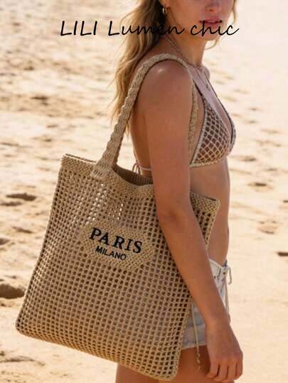 Summer Women's Mesh Woven Tote Bag, Casual Large With Breathable Texture And Comfortable Handles, Stylish Beach Carryall For Travel, Shopping