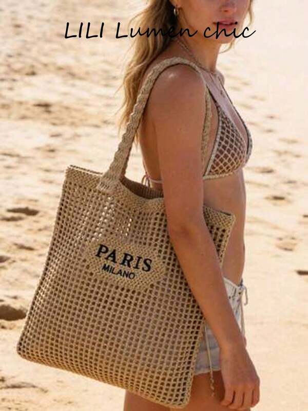 Summer Women's Mesh Woven Tote Bag, Casual Large With Breathable Texture And Comfortable Handles, Stylish Beach Carryall For Travel, Shopping