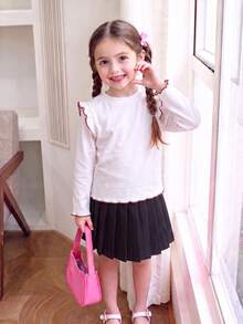Girls' Autumn/Winter Fashion Solid Color Contrast Frill Trim High Neck Long Sleeve T-Shirt - White - View 4