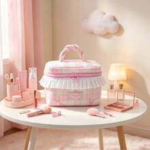 Girly Sweet Frill Trim Plaid Makeup Box Fresh INS Style Skincare & Cosmetics Storage Bag Large Capacity Toiletry Bag With Handle - Multicolor - View 3
