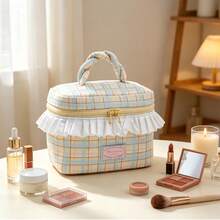 Girly Sweet Frill Trim Plaid Makeup Box Fresh INS Style Skincare & Cosmetics Storage Bag Large Capacity Toiletry Bag With Handle - Multicolor - View 7