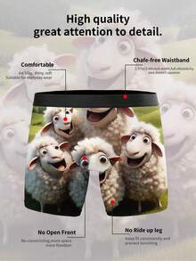 1Pc Men's Vivid Smiling Sheep Herd Print Boxers,All Over Cheerful Cartoon Woolly Sheep Pasture Graphic, Lovely Farm Fashion Underwear For Everyday Use - Black - View 5