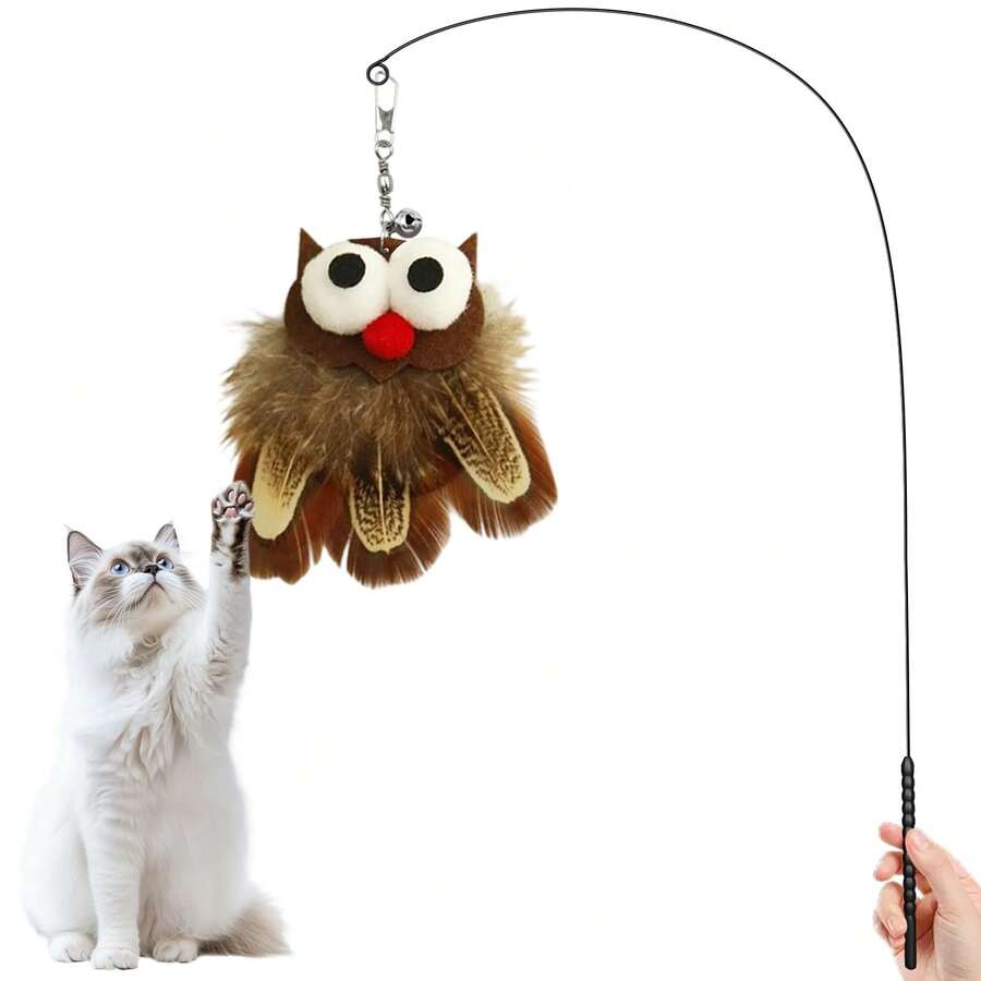 2pcs Interactive Cat Toys, Realistic Owl Feather Replacement Teaser Wand - Stimulate Cat's Hunting Instinct, Relieve Boredom, Anxiety And Loneliness For Indoor Kittens, Adult Cats And Solitary Cats, Bring Joy