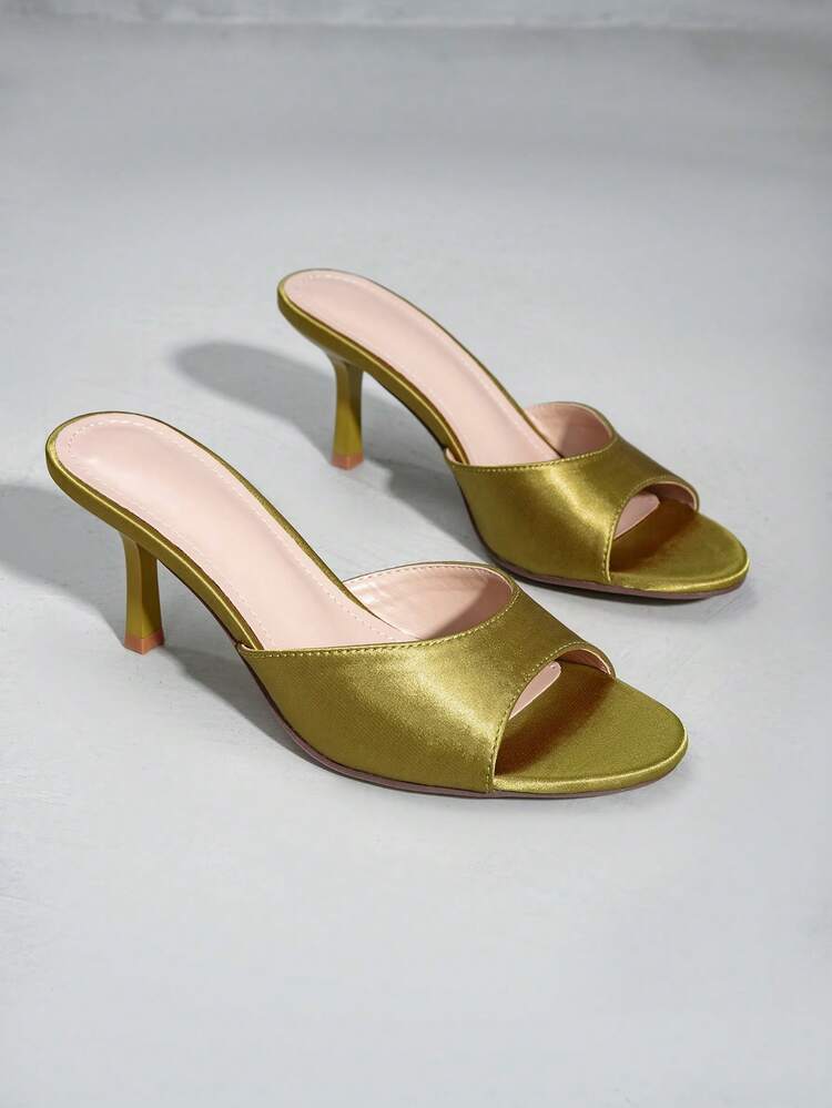 Women's Vintage Mint Green Faux Silk Round Toe Stiletto High Heel Sandals, Backless Design Luxury Fashion Sandals, Peep Toe Comfortable Mule Shoes, Stiletto High Heel Ankle Chain Sandals, Suitable For Party Evening Sexy PU Leather Sandals, Comfortable Commute Office Sandals, Spring Summer Autumn - Pale Yellow - View 2