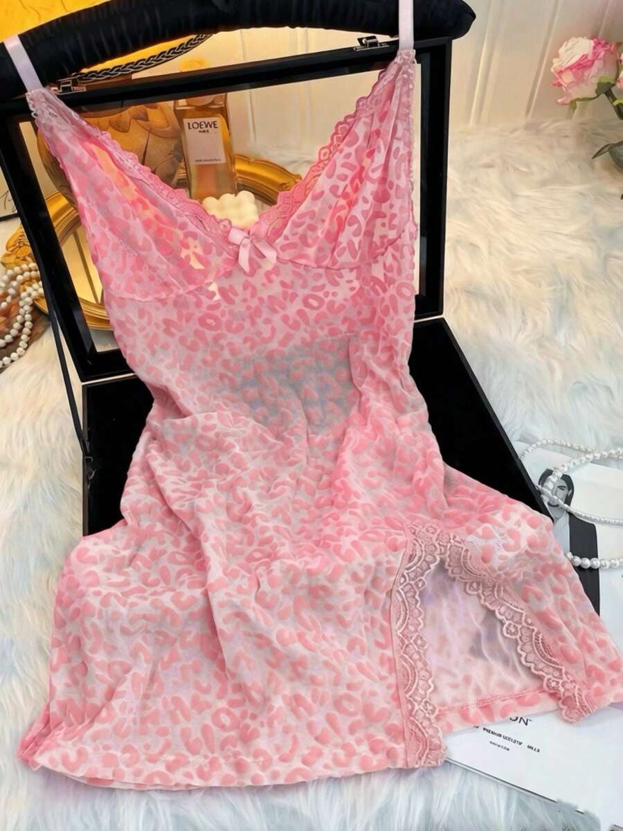Vestido lencería mini sexy ajustado de malla transparente con estampado de leopardo - Rosa Pálido - Ver 1