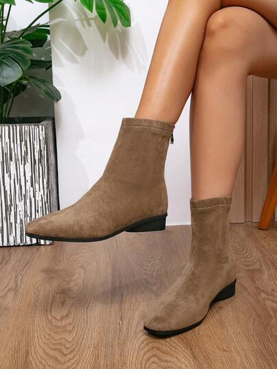 Vintage Suede Korean Style Hidden Heel Ankle Boots Flat Elastic Short Boots Square Toe Chunky Heel Back Zipper Single Boot Apricot Women's Shoes