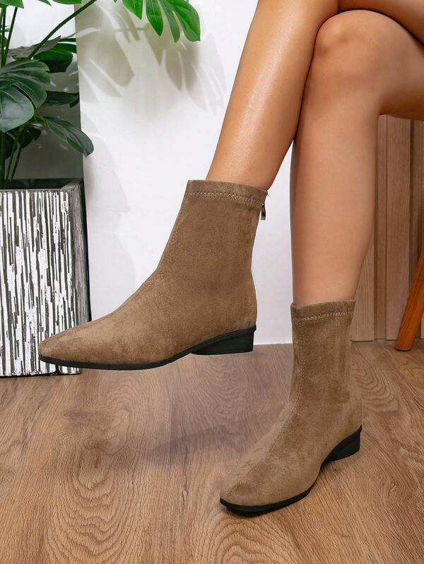 Vintage Suede Korean Style Hidden Heel Ankle Boots Flat Elastic Short Boots Square Toe Chunky Heel Back Zipper Single Boot Apricot Women's Shoes