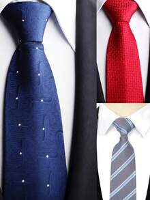 1/3pcs Men's Business Striped Tie Set, Wavy Pattern Tie, Red Tie, Suitable For Daily Wear, Wedding, Party, Cocktail, Banquet - Multicolor - View 2