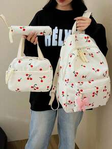 Dedoo 3pcs Cherry Print Backpack, Lunch Bag, Pencil Case Set With Bow Pendant, Multi-Layer Large Capacity, Cute Sweet Japanese Student Style, Daily Travel - Multicolor - View 4