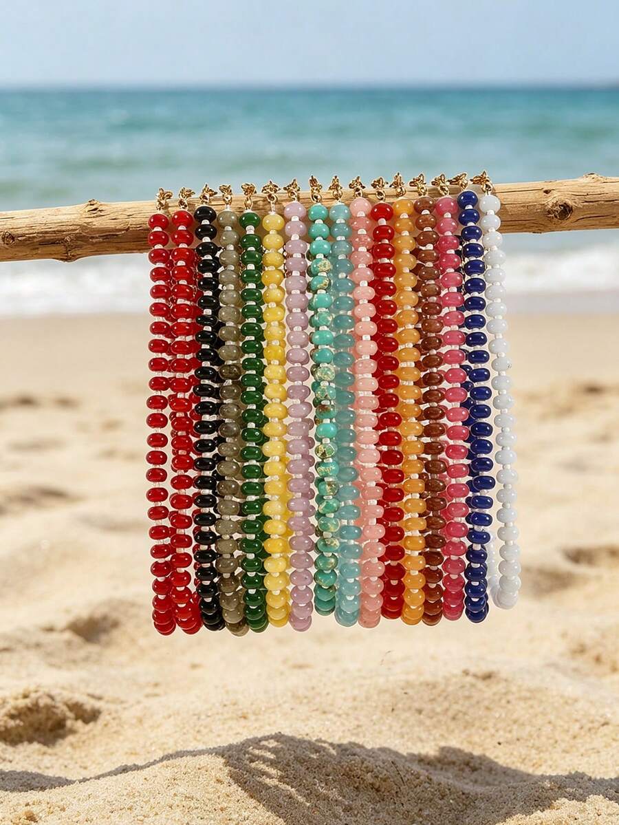 1pc European & American Bohemian Round Geometric Natural Stone Cracked Effect Beaded Short Necklace With Stainless Steel Accessories For Women, Summer Beach Vacation - Handmade Stone Beaded Necklace With Stainless Steel Accents - View 1