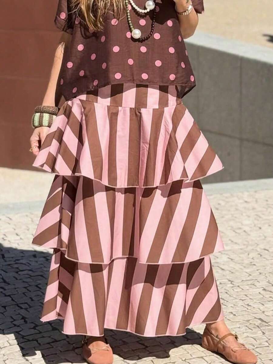新款時尚優雅條紋波希米亞風多層蛋糕裙 女款，適合海灘度假、假期約會、機場穿搭，四季皆宜 - 粉紅棕 - 查看 1