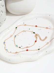 Vintage Colorful Round Rhinestone Necklace & Bracelet 2pcs Set, Niche Luxury Faux Gemstone Thin Chain Layered Collarbone Chain Jewelry Set For Women - Gold - View 5