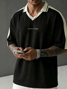 Men's Summer Versatile Fashion Contrast Color Minimalist English Letter Print Crew Neck Loose Short Sleeve T-Shirt - Black - View 3