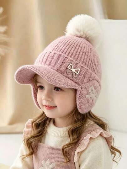 Kids Autumn/Winter Korean Style Bowknot Warm Thick Knit Knitted Hat, Unisex Baby Earflap Baseball Cap