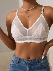 1pc Women's Solid Color Non-Wired Lightweight Bra, No Padding Sexy Lace French Mesh Spliced Comfortable Lingerie - White - View 6