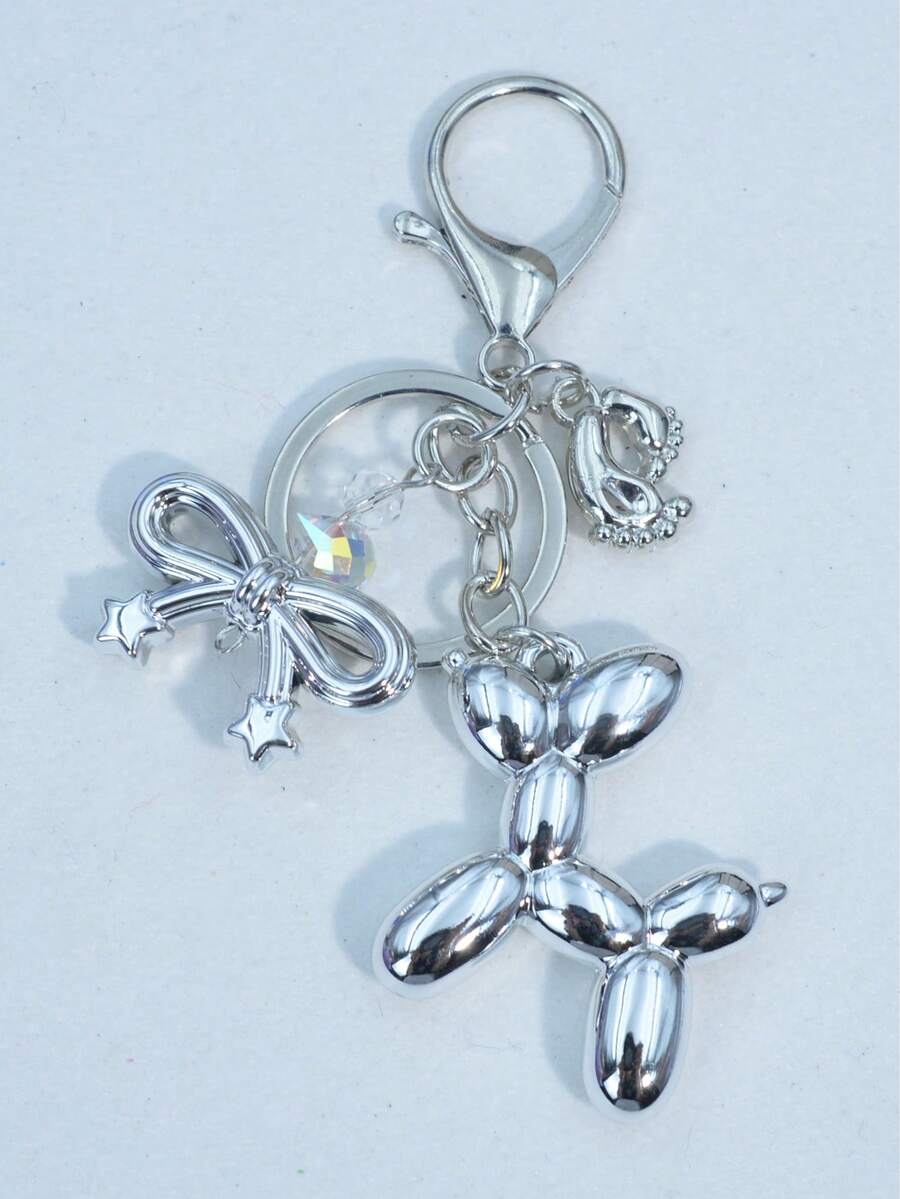 Minimalist Personalized Silver Beaded Crystal Butterfly Foot Balloon Puppy Keychain, Suitable For Daily Women's Bag Accessory And Holiday Gift - Silver - View 1